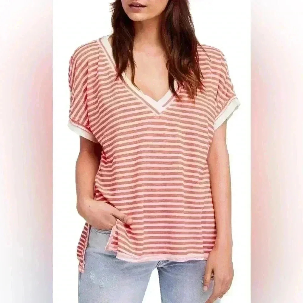 Free People Coral Short Sleeve striped oversized Jewel Neck Top sz medium 8/10